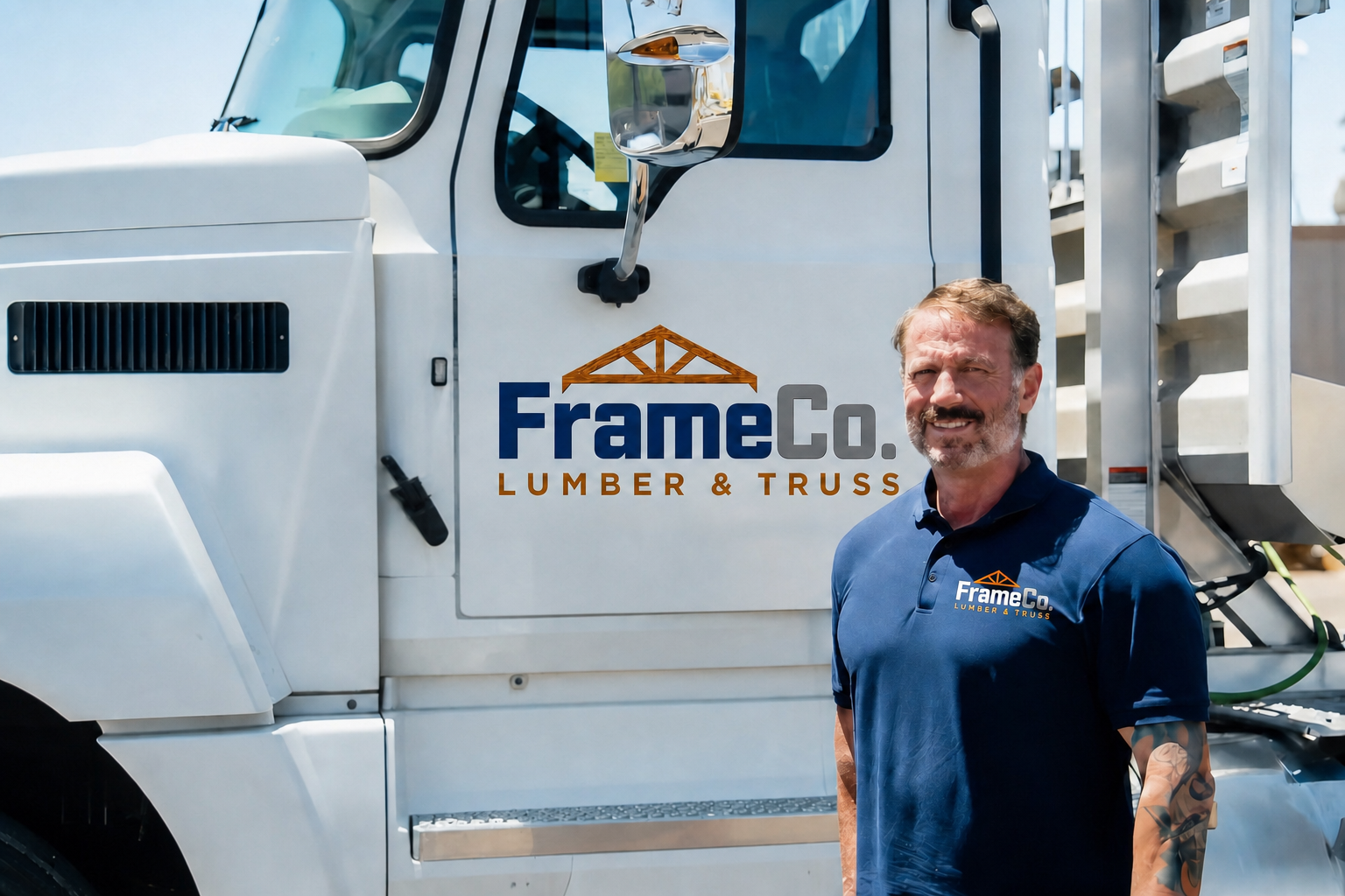 Kenneth Kenny Mays II, Founder and CEO of FrameCo, standing beside a FrameCo lumber delivery truck